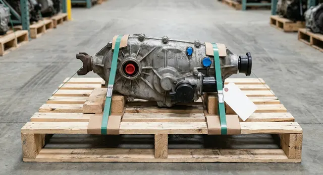 Used OEM 4WD transfer case on pallet with 2HI 4HI 4LO markings