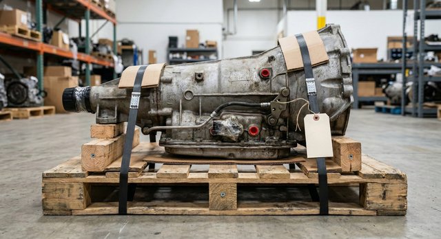 Used OEM transmission on pallet, strapped for shipping